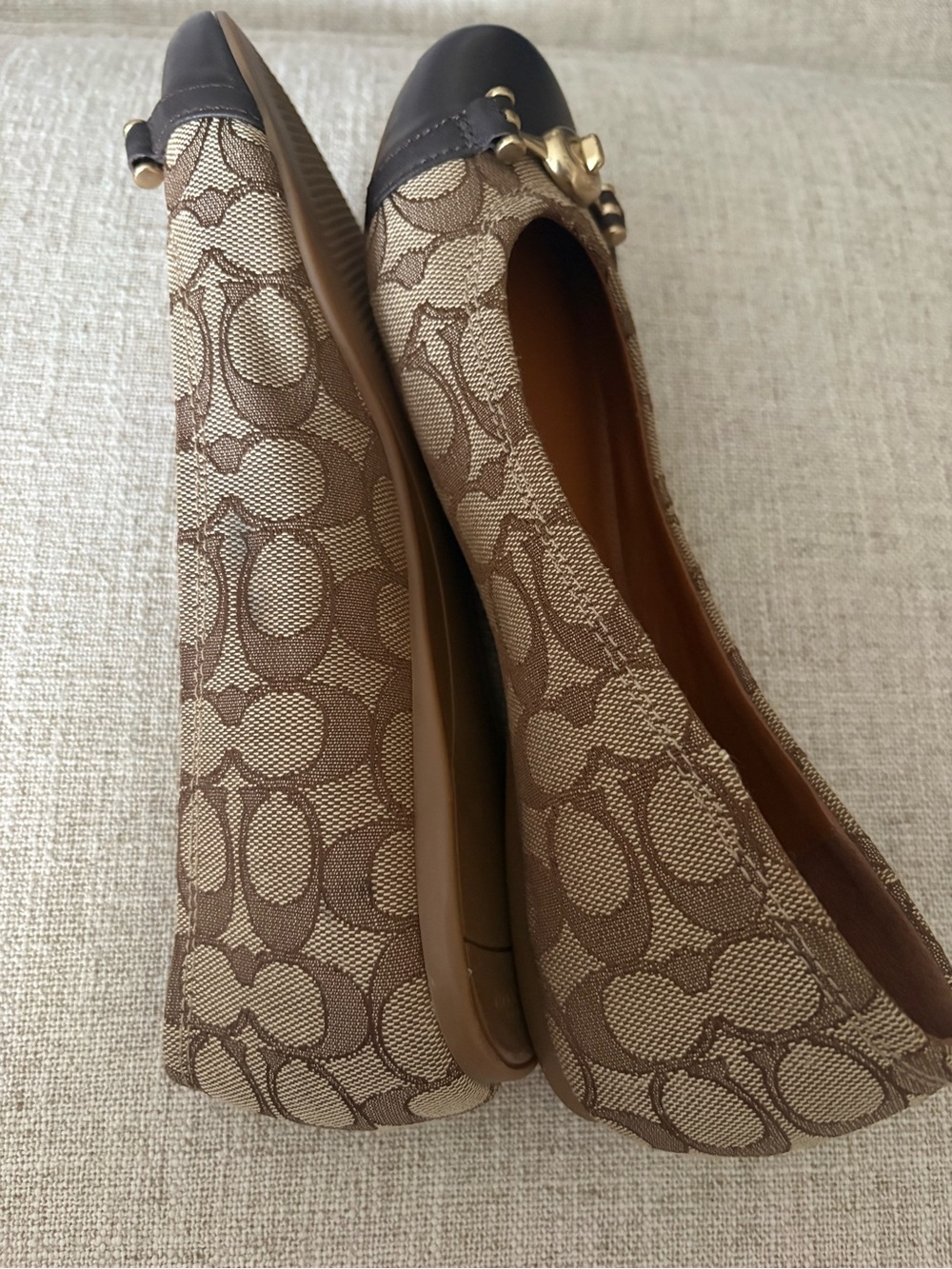 Signature Monogram Brown & Beige Women's Ballet Flats with Gold Lock Accent - Picture 5 of 5